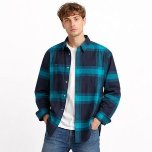 Tommy Jeans Relaxed Fit Plaid Button-Up Flannel Shirt Size Large Teal Navy NWT